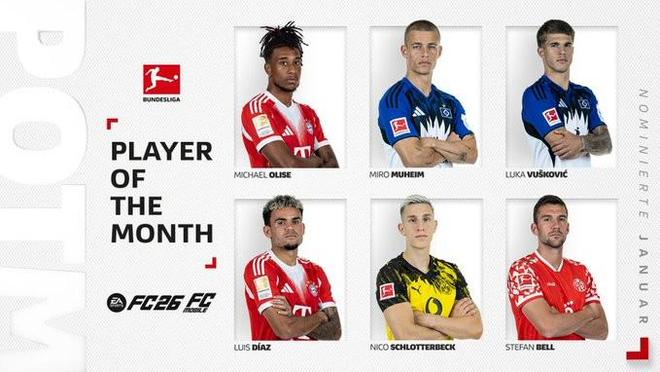 德甲1月最佳球员候选：奥利塞领衔、迪亚斯、施