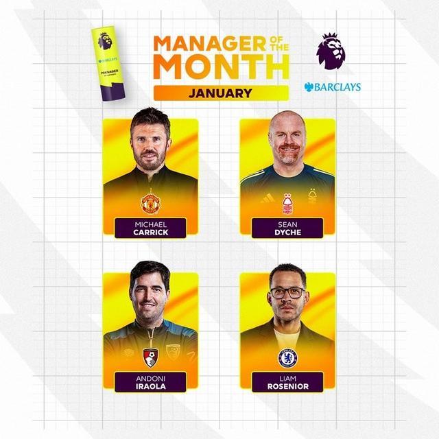 英超1月最佳主帅候选：卡里克、罗塞尼尔、戴奇、伊劳拉