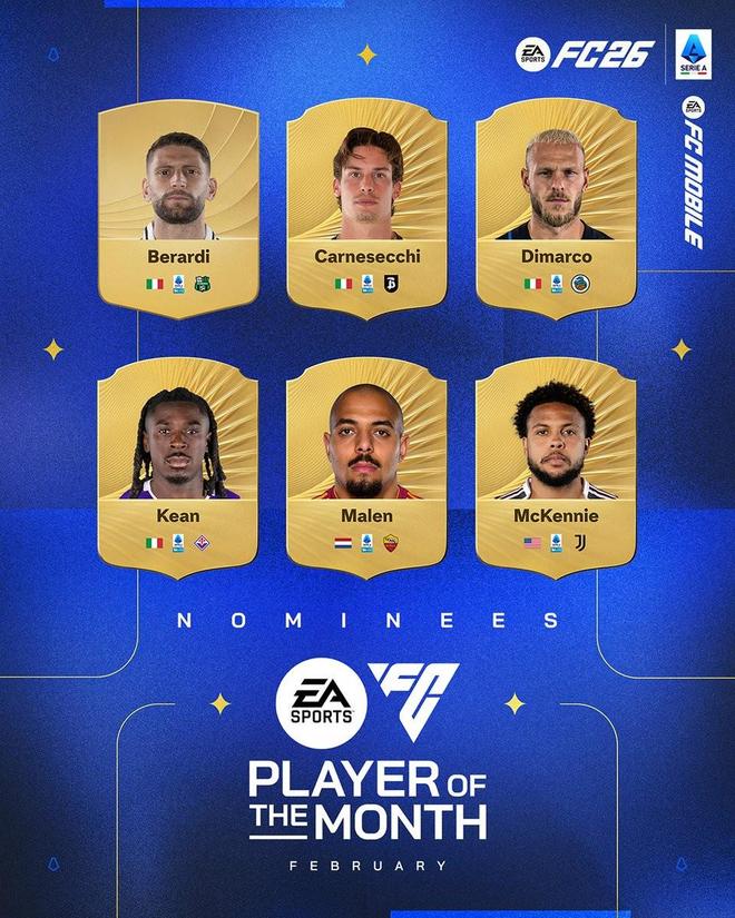 意甲2月最佳球员候选:迪马尔科、马伦、麦肯尼入围
