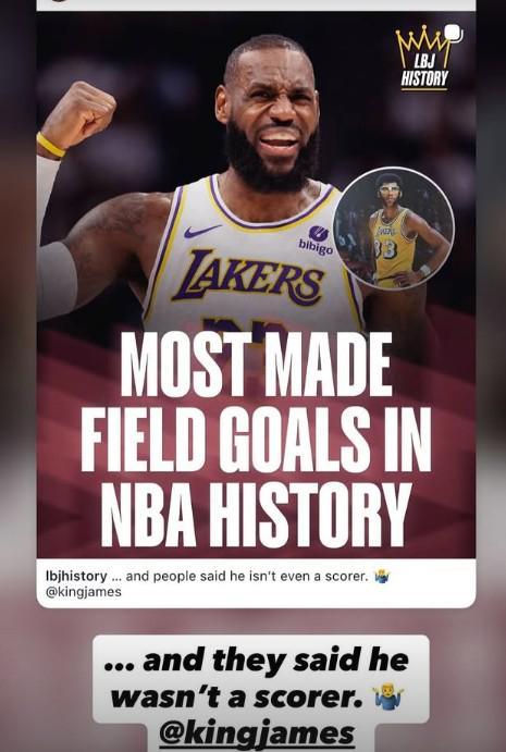 詹姆斯转发历史进球榜第一海报：他们说他不是一个得分手