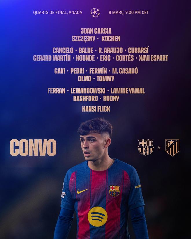 巴萨vs马竞大名单：亚马尔、莱万、阿劳霍在列，德容缺席