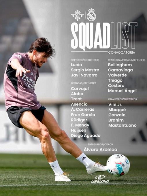 皇马客战贝蒂斯大名单：维尼修斯和姆巴佩领衔，阿森西奥回归