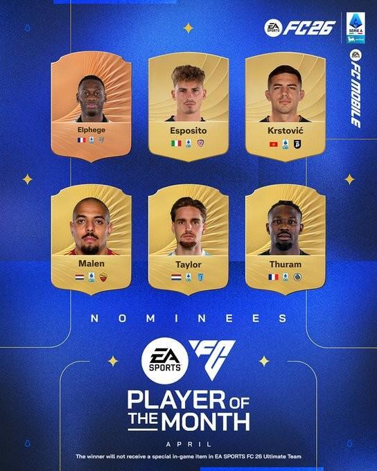 意甲4月最佳球员候选：小图拉姆、马伦、塞巴-埃斯波西托在列